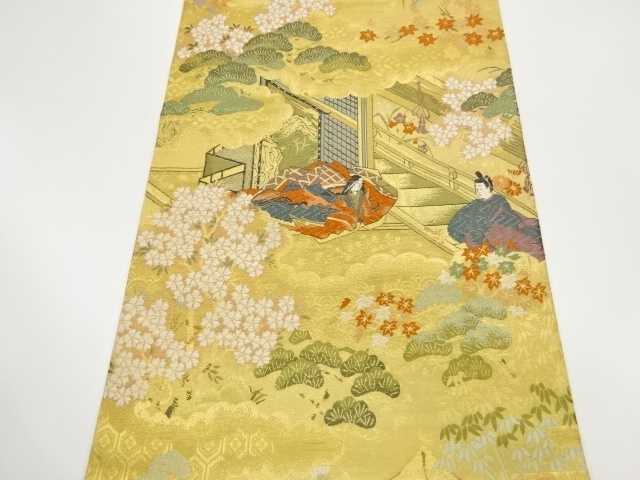  木々に屋敷・人物模様織出し全通袋帯